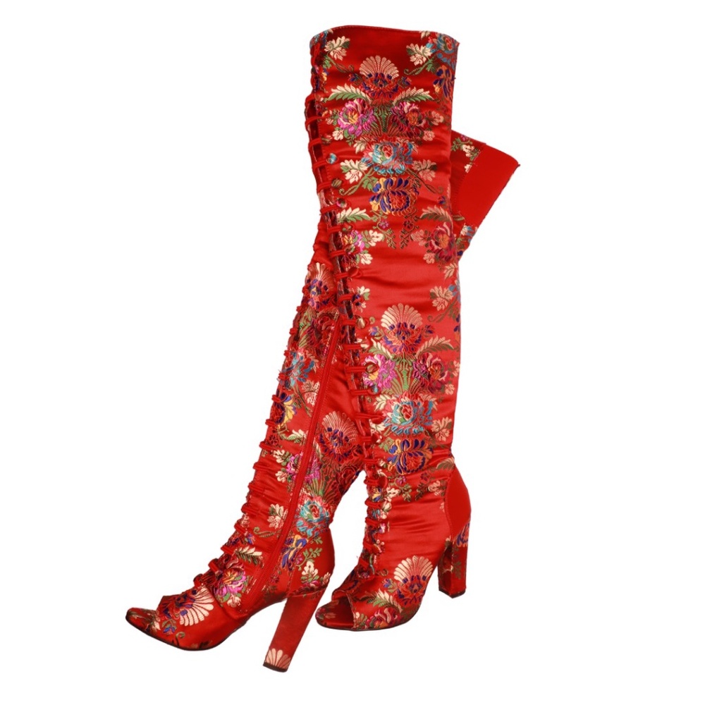 Chinese brocade faux silk thigh high boots